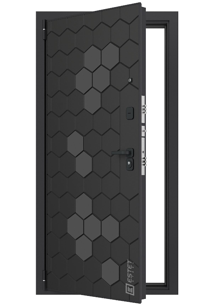 Дверь стальная 13.1 G ( Wood Steel Чёрный кварц + соты в MSteel Шагрень графит/Boonlayer Premium Белый горизонт, Lacobel Черное)