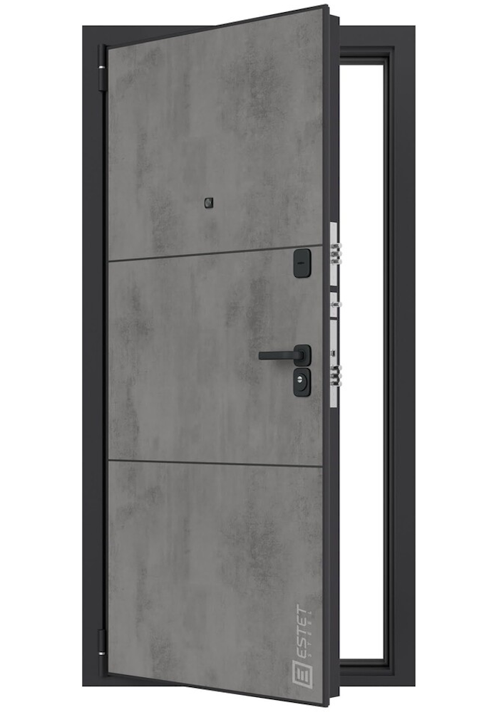 Дверь стальная 1.1 G (Boonlayer Loft Камень темный+черный молдинг/Boonlayer Wood Белый матовый)